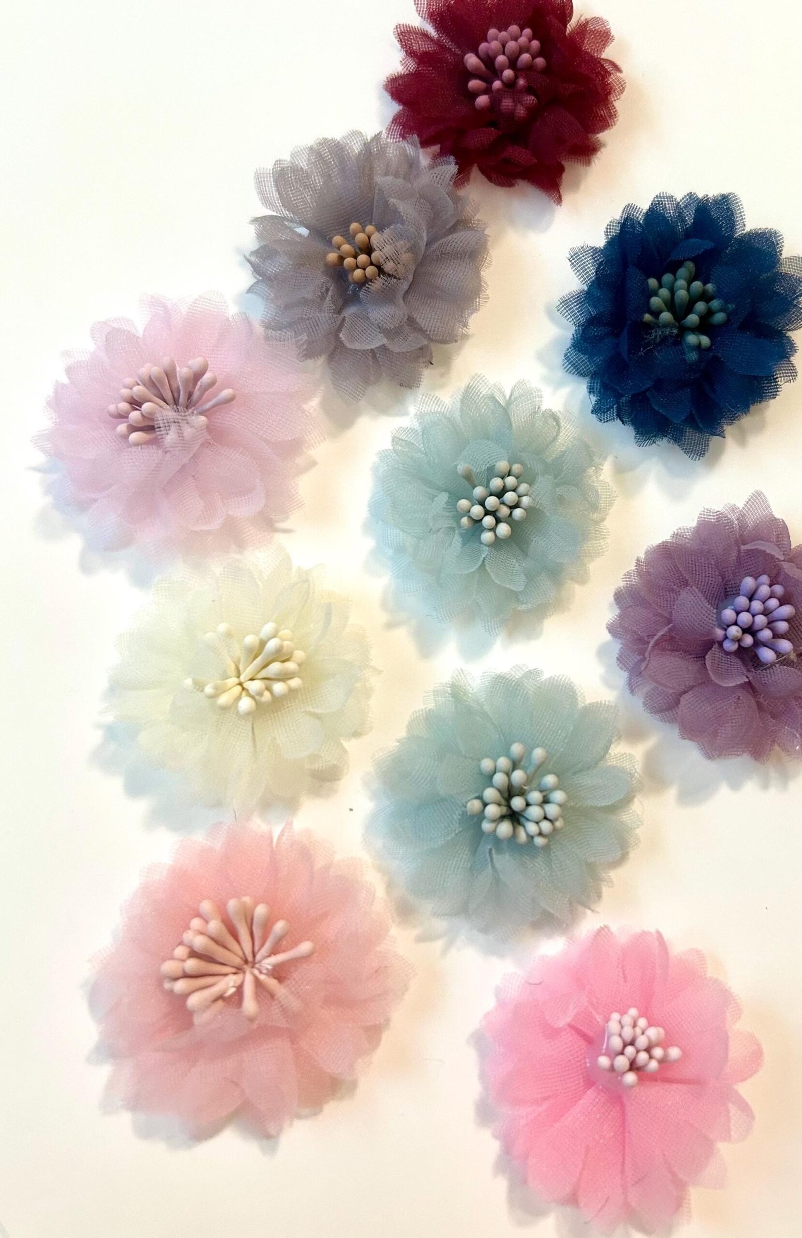 10 organza fabric flowers sewing notions trims, craft supplies, DIY, Hair bow making, bows, wedding derby fascinator embellishments