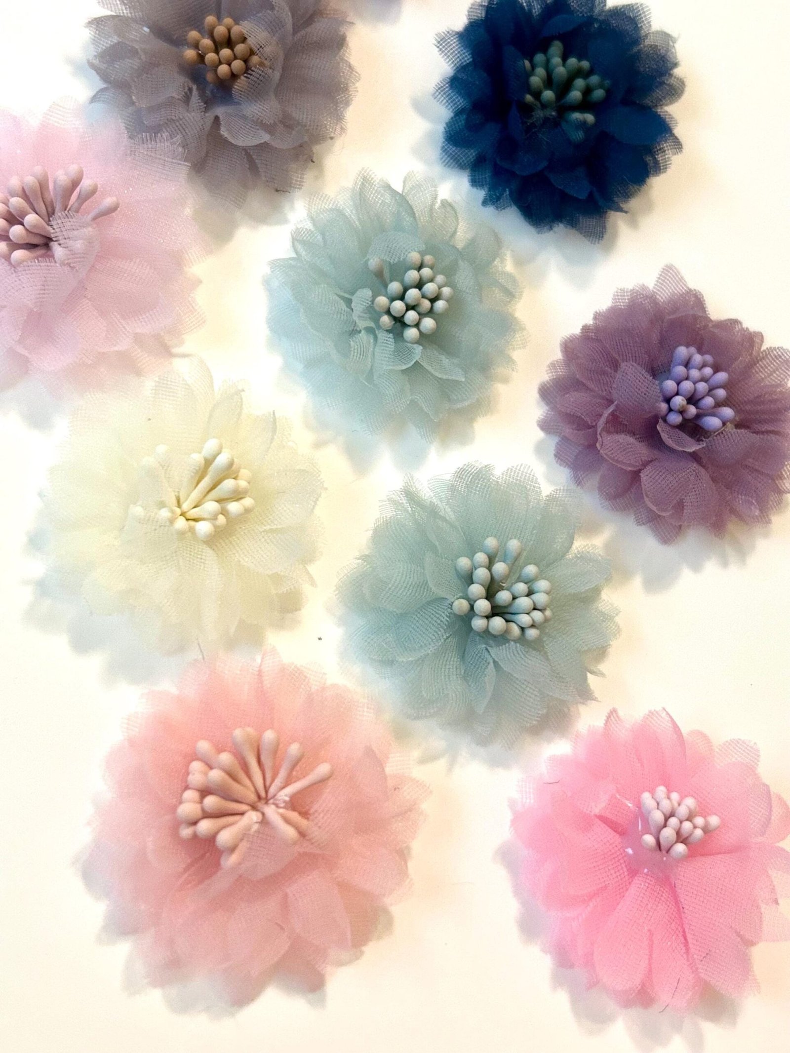 10 organza fabric flowers sewing notions trims, craft supplies, DIY, Hair bow making, bows, wedding derby fascinator embellishments - Image 4