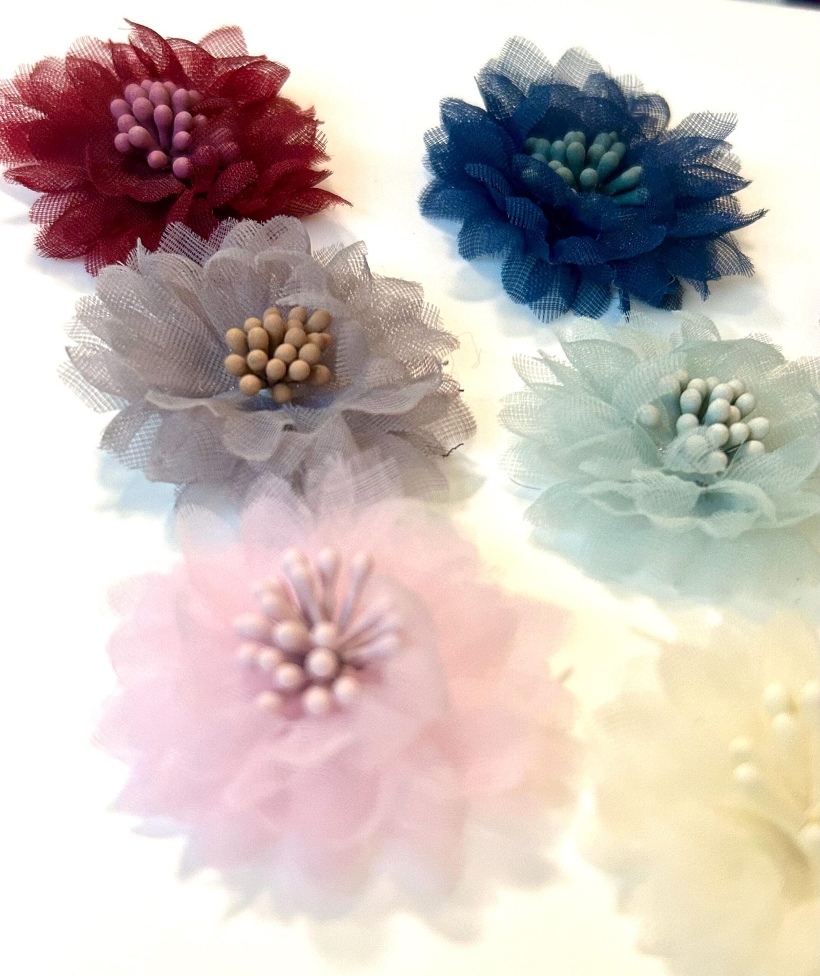 10 organza fabric flowers sewing notions trims, craft supplies, DIY, Hair bow making, bows, wedding derby fascinator embellishments - Image 3