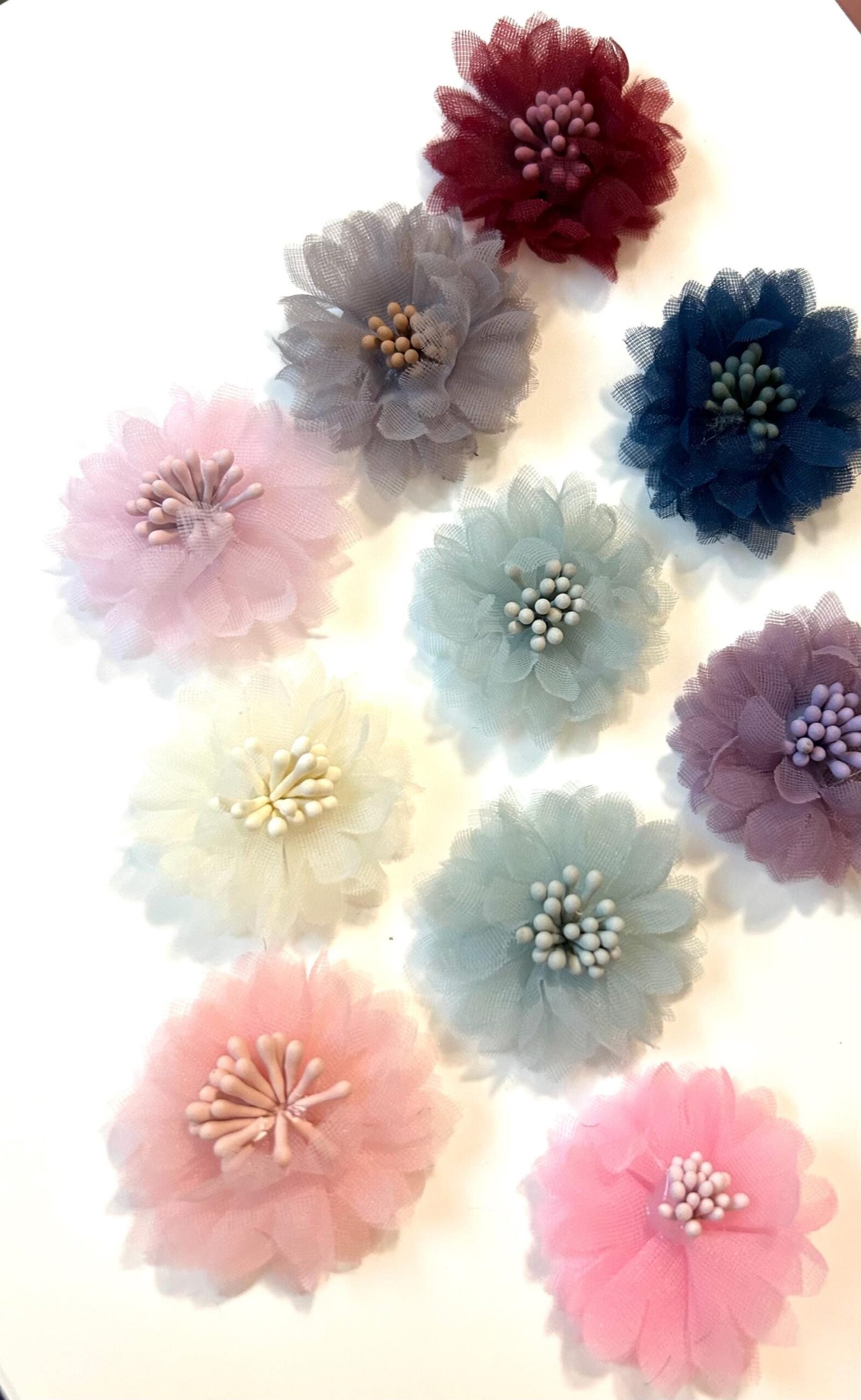 10 organza fabric flowers sewing notions trims, craft supplies, DIY, Hair bow making, bows, wedding derby fascinator embellishments - Image 2