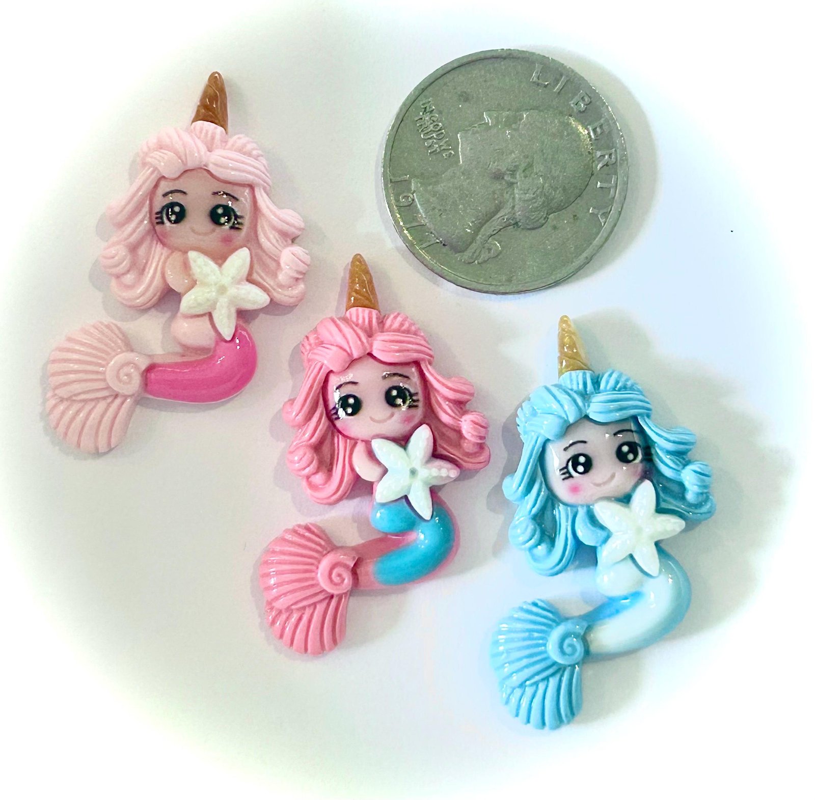 3 Pink Blue Mermaid Flatback Resins, craft supplies, embellishments - Image 2